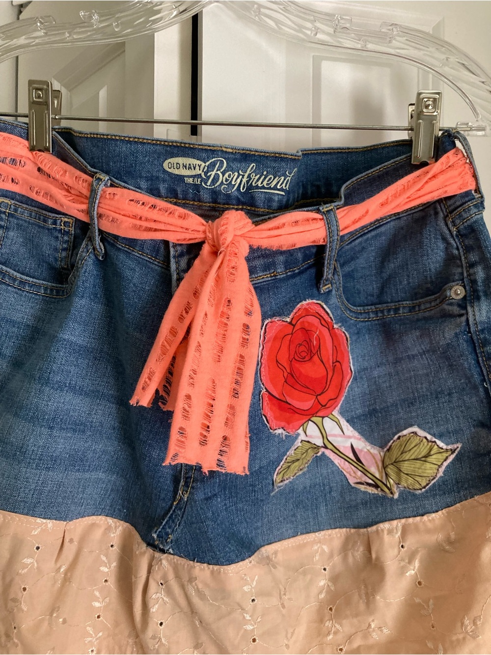 Old Navy Denim Skirt with Coral Tie and Red Rose Patch